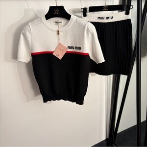 Miu Miu Colorblock Knit Set Logo Top Skirt Chic
